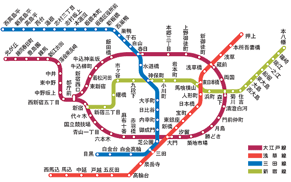 都營地下鐵One Day Pass春夏秋冬週末限定一日券500日圓，可搭乘大江戶線、淺草線、三田線、新宿線