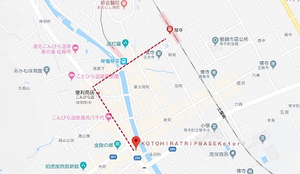 四國自由行搭乘觀光巴士「KOTOBUS IYA VALLEY」琴平車站附近的乘車點「KOTOHIRA TRIP BASE -Kotori-」的示意地圖