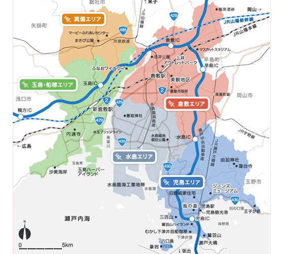 整個倉敷市分為5區，剛好美觀地區就在粉色區塊是中心附近。<br>圖片來源: http://goo.gl/6pjcZ4